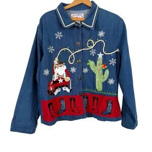 Tantrums Women Mixed Media Denim Jacket Sz XXL Western Santa Rodeo Boots Cactus